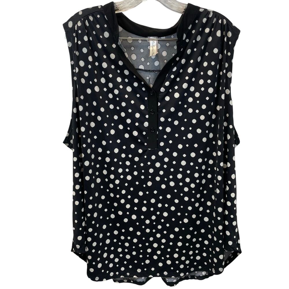 PerSeption Women 3X Polka Dot Sleeveless Henley Tank Top Black White Plus Size